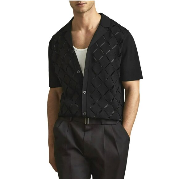 Reiss Harley Laser Cut-Out Cuban Collar Shirt in Black Mens Large NWT - Picture 1 of 10